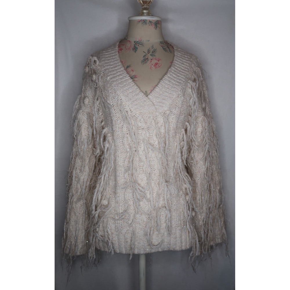 Anthropologie Ivory Fringe Cable Knit V Neck Sweater Womens XXS Boho Oversized